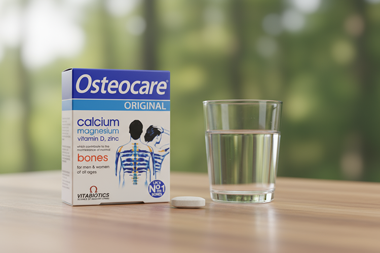 تصویر قرص Osteocare کنار لیوان آب برای مصرف روزانه